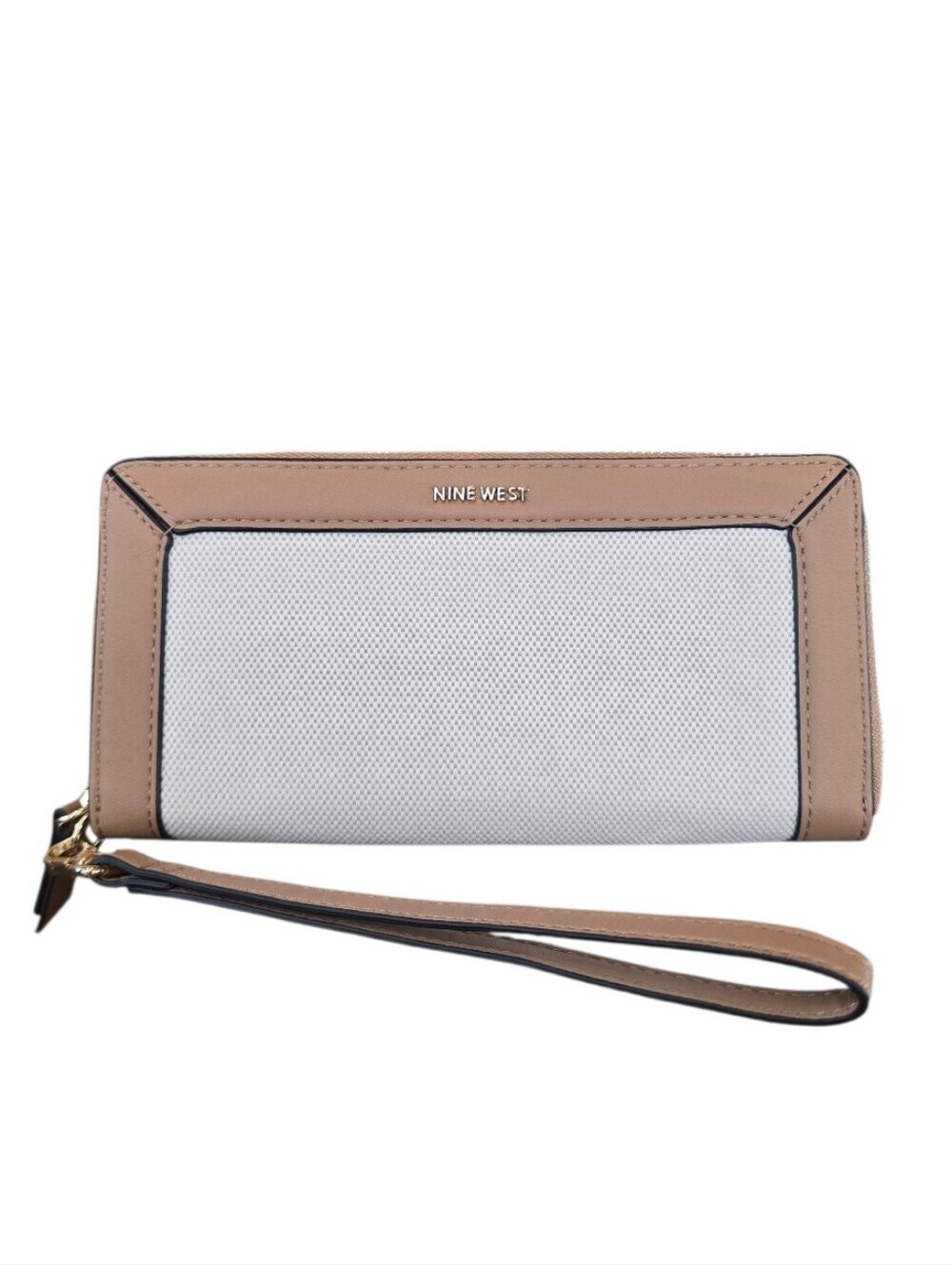 Nine West Zuri Tan Cream Textile Faux Leather Zip Around Wristlet Wallet